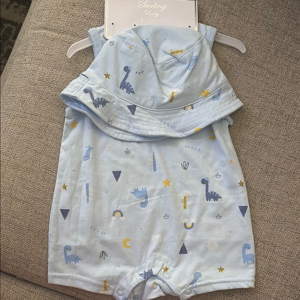 Sterling Baby 2 Piece Blue Dinosaur Set: Hat & Romper